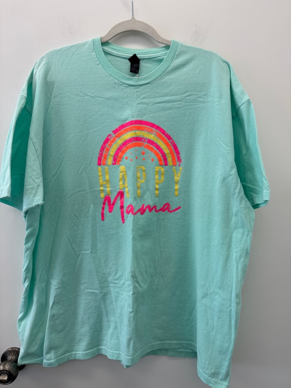Tultex Mint Womens Tee with Neon Rainbow 'Happy Mama' Graphic